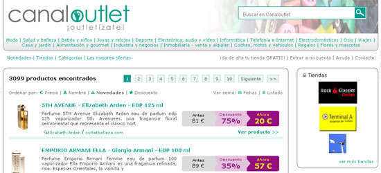 Portal - escaparate de productos outlet con grandes ofertas, descuentos, gangas, rebajas, productos de fuera de temporada, etc.